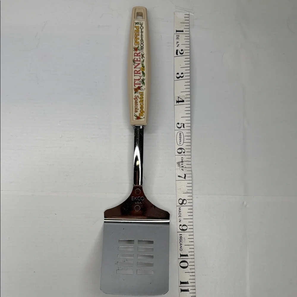 EKCO Vintage Slotted Spatula Turner with Cream Handle Floral Details